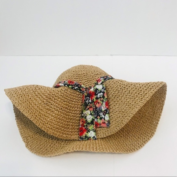 Floppy Straw Bohemian Floral Ribbon Large Sun Hat - Picture 4 of 6